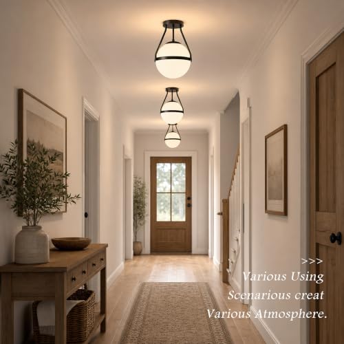 10" Mid Century Ceiling Light Modern Semi Flush Mount Ceiling Light Fixture Globe Ceiling Light Fixture with Milk Glass Shade Matte Black Finish for Kitchen Island Hallway Foyer