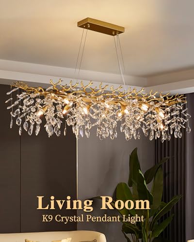 Tree Branch Chandelier Modern Gold Crystal Chandeliers 14 Lights Rectangular 47.2" Hanging Pendant Light Fixture for Kitchen Island Living Room Dining Room Foyer Entryway