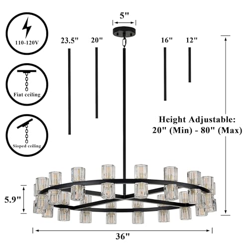 36 Inch Black Wagon Wheel Chandelier with Crystal Shades