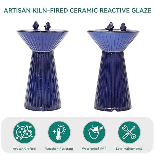 Autodaya 28" Ceramic Outdoor Water Fountain LED Birdbath