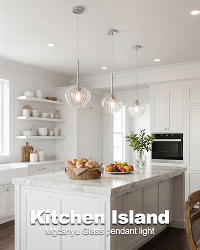 Brushed Nickel Pendant Lights Kitchen Island with Ribbed Glass Shade