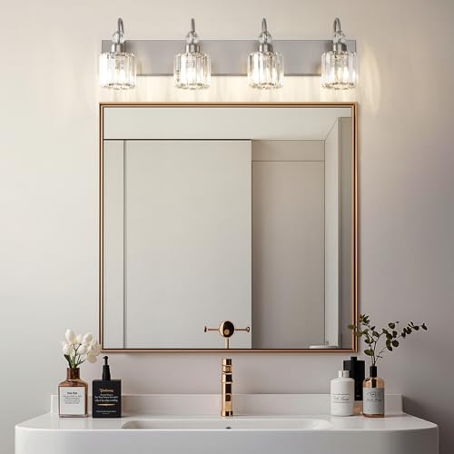 4 Light Crystal Vanity Light for Bathroom Brushed Nickel Modern Bathroom Light Fixtures