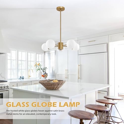 5 Light Globe Sputnik Chandelier Mid Century Sputnik Chandeliers Modern Gold Globe Pendant Light Brushed Brass Finished with White Frosted Glass Lampshade for Dining Room Bedroom Kitchen