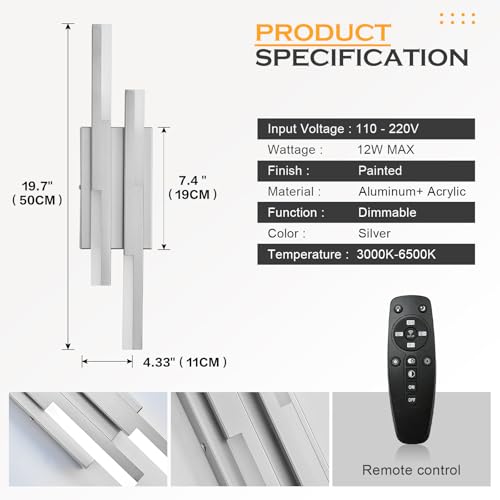 Modern LED Wall Sconce Silver Remote Wall Light Fixtures for Bathroom