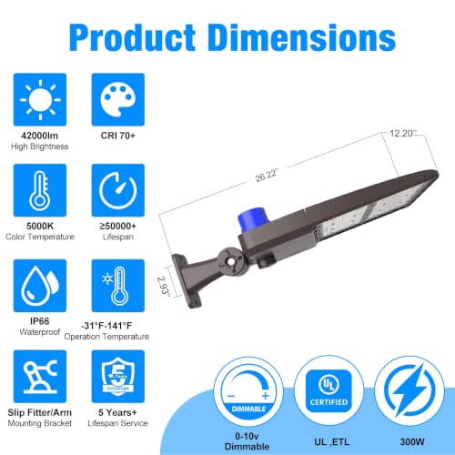 300W LED Parking Lot Lights Adjustable Arm Mount with Photocell 120