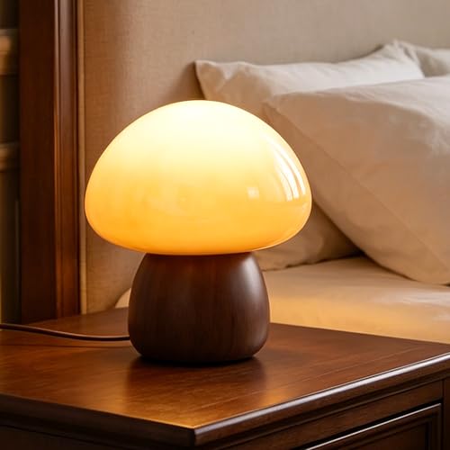 Wooden Base Small Table Lamp for Bedroom 60W Mushroom Table Lamps Gradient Colored Glass Shade Modern Side Table and Desk Lighting H 8.07 in