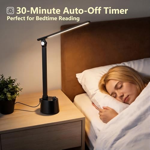 Small Desk Lamp with USB C Charging Port 5 Colors Stepless Dim Black (Matte Black / Compact)