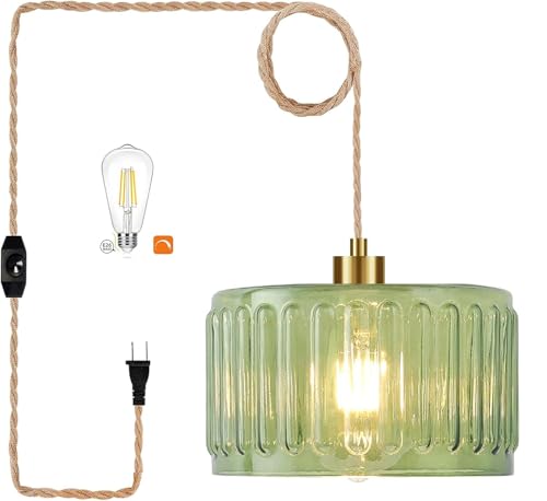 Plug in Pendant Light Hanging Lights with Plug in Cord Boho Hanging Lamp Glass Gold Mid Century Modern Vintage Dimmable Green Flower Plug in Chandelier Ceiling Fixture for Living Room