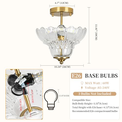 Vintage Gold Semi Flush Mount Light with Floral Class Shade (Gold)