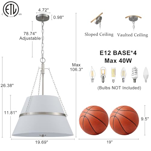 20" Brushed Nickel Drum Chandelier for Dining Room Linen Pendant Light