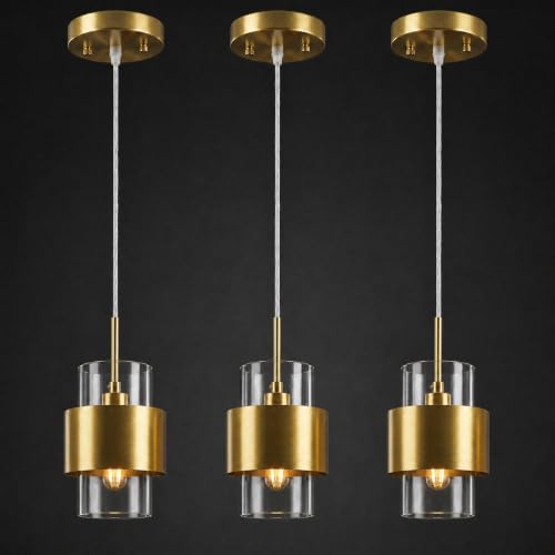 Modern Gold Pendant Lighting Indoor Kitchen Island Pendant Light Glass Shade Ceiling Light Fixtures for Bedroom Dining Room Living Room (3 Count)