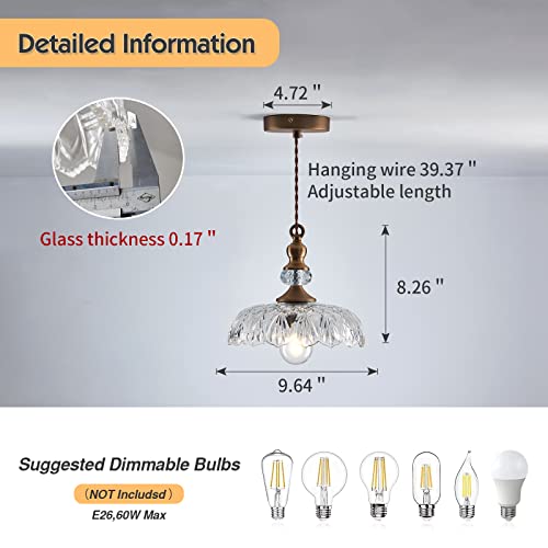 Vintage Glass Pendant Light Fixture Brass Modern Adjustable Chandelier Farmhouse Hanging Light for Hallway Porch Kitchen Bedroom Coffee Shop Dining Room Island