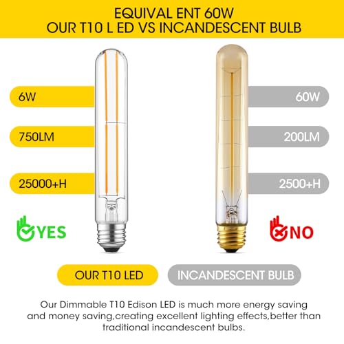 Dimmable E26 Light Bulb 6W Equal 60 watt LED Light Bulbs AC120V Warm White 2700K Edison 60 Watt 750LM T10 Bulb for Rustic Pendant (6 Count)
