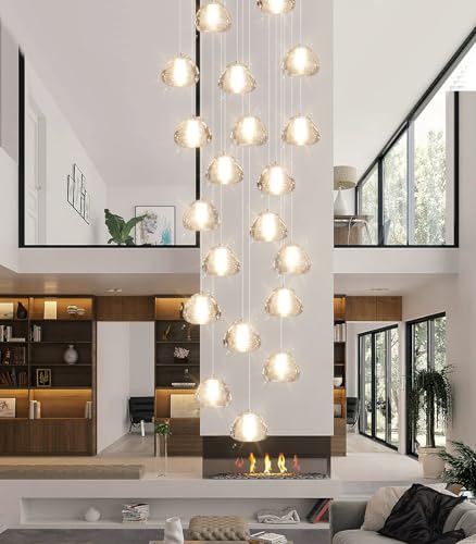 20 Light Modern Chandeliers for Entrance High Ceiling Chandelier Living Room Lights Fixture LED Ceiling Lamp Bubble Crystal Adjust Hanging Pendants Lighting for Stairwell Hallway Foyer