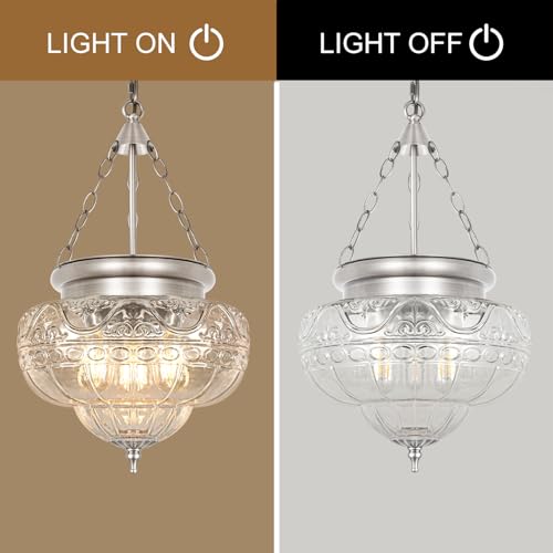 3 Light Brushed Nickel Pendant Light Fixtures with 12In Unique Thickened Glass