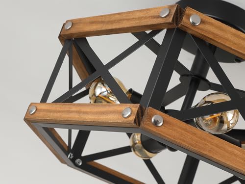 4 Light Rustic Farmhouse Wood Flush Mount Ceiling Light Fixture 14.5 inch Oak Wood and Metal Hexagon Cage Semi Flush Mount Ceiling Light for Hallway Entry Bedroom Kitchen Farmhouse Cabin