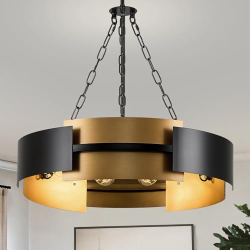 24" 6 Light Industrial Drum Chandelier with Black Gold Metal (6 Count)