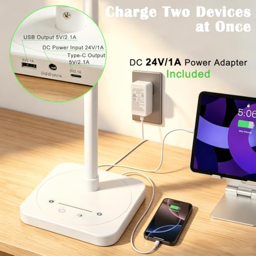 Desk Lamp for Office Home Dual Head 24W Swing Arm Reading Table Lamp White (White)