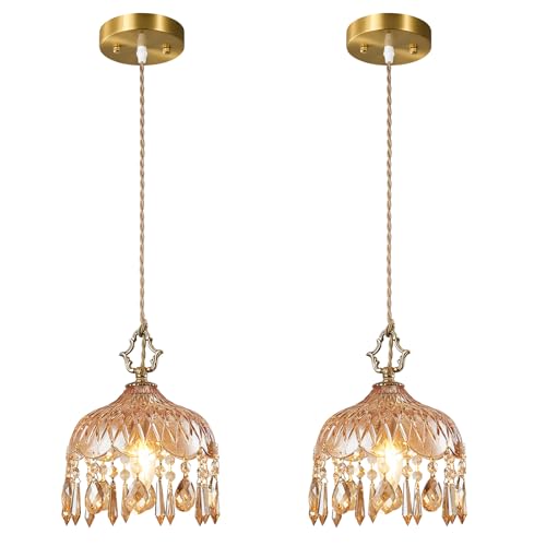 Brass Vintage Glass Pendant Light Crystal Hanging Light Fixtures (2 Count)
