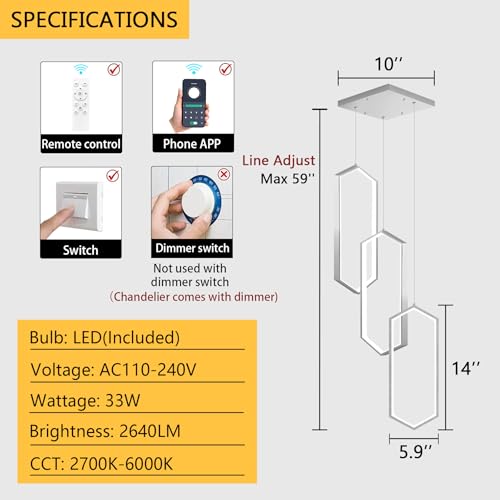 3 Rings Dimmable Pendant Lighting Adjust LED Mini Chandelier Ceiling Light Fixtures for Kitchen Island Dining Room Living Room Bedroom Silver