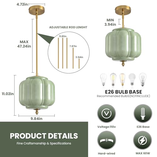 Vintage Green Glass Pendant Lights 9.8 Inch Mid Century Modern Hanging Ceiling Light