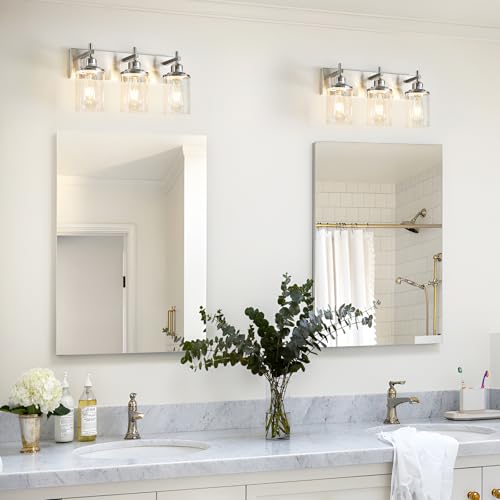 3 Light Brushed Nickel Bathroom Light Fixture Over Mirror Modern Bathroom Vanity Light Vintage Wall Lighting with Clear Glass Shade for Bathroom (3 Count)
