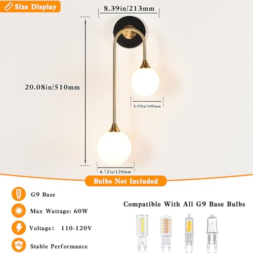 Mid Century Modern Wall Sconce Black and Gold Milk Glass Sconces with Double Ball Hardwired Wall Light for Bedside Bedroom Bathroom Living Room Corridor G9 Base