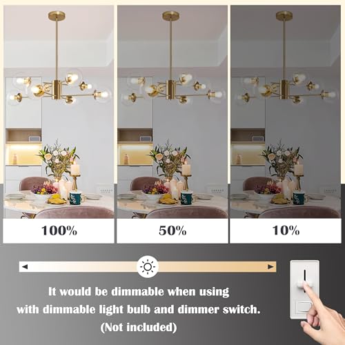 8 Light Globe Sputnik Chandelier Modern Gold Sputnik Chandelier Mid Century Globe Pendant Light Brushed Brass Finished with Clear Glass Lampshade Chandeliers for Kitchen Bedroom (8 Count)
