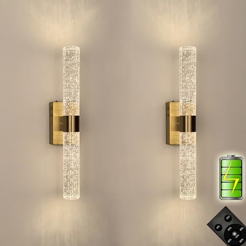 Cordless Gold Crystal Wall Sconces Battery Operated Set of 2 with Remote