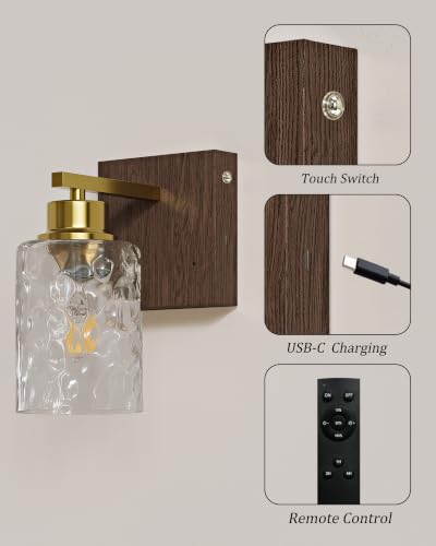 Hammered Glass Battery Operated Wall Sconces Set of Two Gold & Walnut