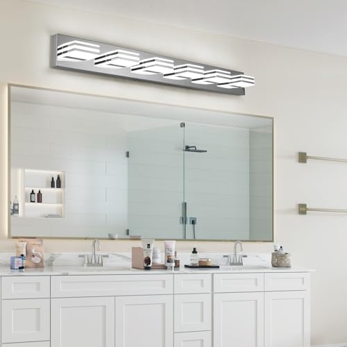 Modern Bathroom Light Fixtures 6 Light LED Vanity Lighting Bar 41 Inch Wall Lights above Mirror 36W Mirror Light Fixtures Chrome Bath Lamps 6000K Restroom Sink Light Long Vanity Sconces Lights (6 Count)
