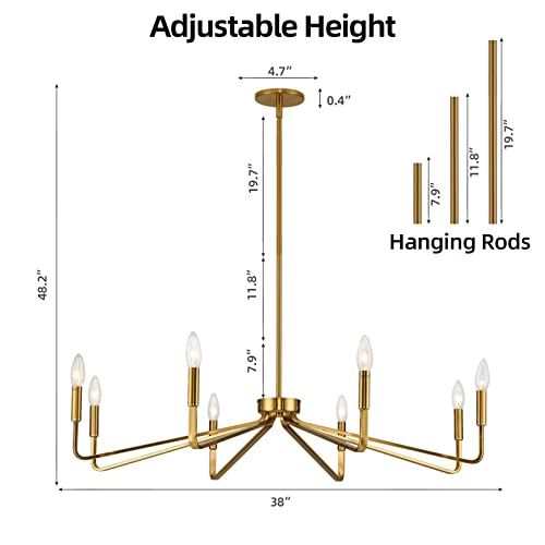 8 Light 38" Brass Modern Candle Chandelier for Dining Living Room