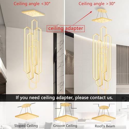 6 Rings Gold Modern Long Large Chandelier Dimmable LED High Ceiling Chandelier for Living Room Foyer Staircase Enterway Big Hanging Light Fixture Modern Ceiling Light