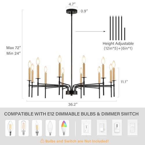 12 Light Modern Farmhouse Black and Gold Chandeliers for Dining Room Light Fixture, Metal Candle Chandelier Lighting Fixtures for Living Room Stair Foyer Entryway Bedroom Kitchen
