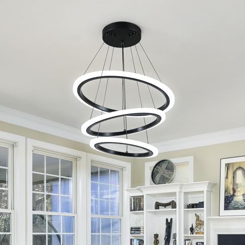 Modern 3 Ring LED 52W Black Pendant Light with Irregular Ring Lights Adjustable Hanging Lamp for Dining Room Bedroom Kitchen Island Cafe