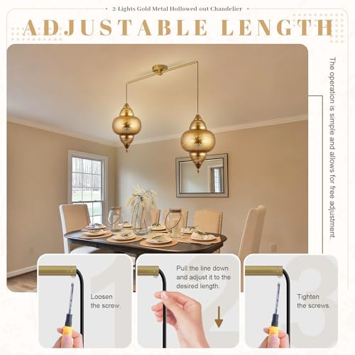Modern 2 Light Pendant Light Fixture Kitchen Island Brass Hanging Lights with Gold Metal Shade and Adjustable Cord Pendant Lighting