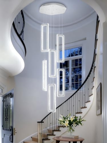 Modern Chandelier 6 Rings Silver Chandelier Lighting Fixture High Ceiling Chandelier Suitable for Living Room Staircase Villa