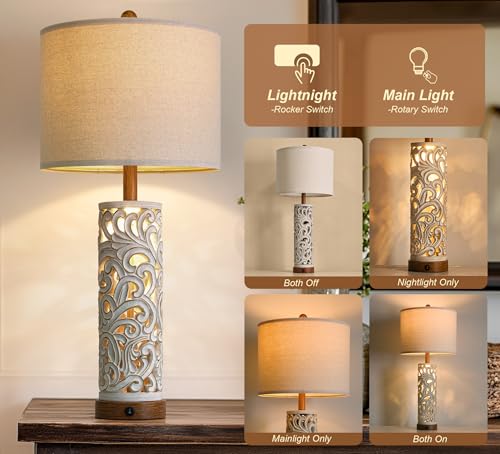 2-in-1 Light Table Lamp Set of 2 for Living Room, 28.5" Farmhouse Bedside Lamps with USB Charging Port, Main&Night Light & Dual Switches, Nightstand Lamp for Bedroom Home Office(Bulb Included) (2 Count)
