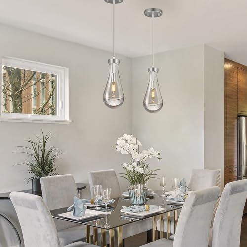Raindrop Pendant Lights Kitchen Island Set of 3 Teardrop Chrome Hanging Light Fixtures Clear Solid Glass Pendant Light Modern Chandeliers for Dining Room Porch Corridor Living Room (3 Count)
