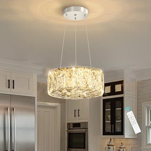 Modern Ring Crystal Chandelier Remote Dimmable Pendant Ceiling Light Fixtures for Living Room Kitchen Island Dining Room Silver
