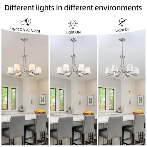 6 Light Brushed Nickel Chandeliers for Dining Room with Frosted Glass 47.2" Adjustable Silver Pendant Ceiling Lighting Rustic Vintage Hanging Lamp for Farmhouse Kitchen Island Dining Table Living Room