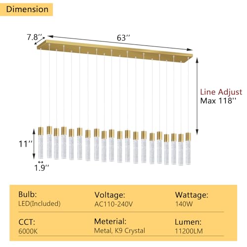 20 Lights Modern Crystal Chandeliers LED Pendant Light for Kitchen Island Dining Room Entrance Foyer Living Room 6000K Gold