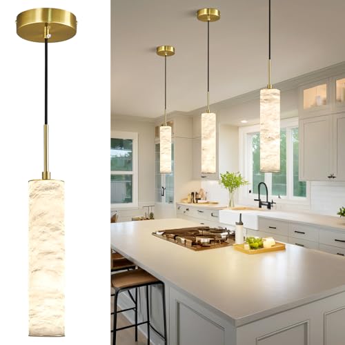 Natural Alabaster Pendant Lights for Kitchen Island White Marble Long Tube Chandelier 4000K Modern Gold Ceiling Light Fixtures for Bedroom Dining Room Table Living Room Hallway (3 Count)