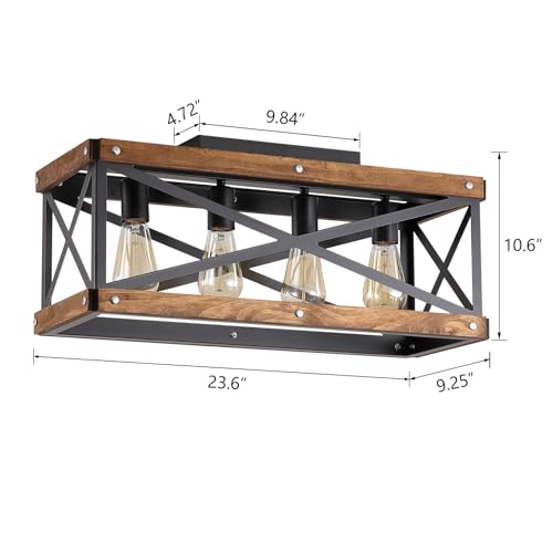 4 Light Large Rustic Farmhouse Wood Flush Mount Ceiling Light Fixture 23.6 inch Oak Wood and Metal Rectangular Track Semi Flush Mount Ceiling Light for Kitchen Living Room Bedroom Indoor