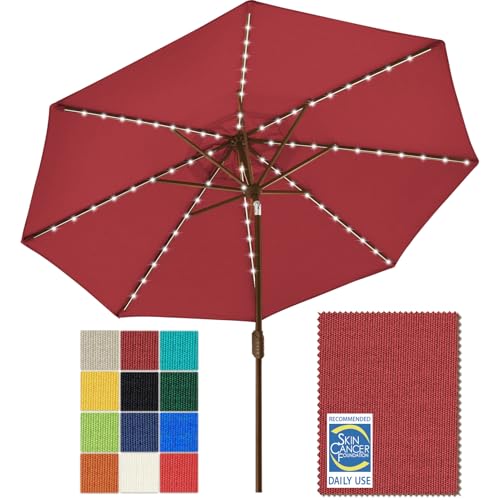 USA 10-Year-Non-Fading 9ft Market Patio Umbrella, Commercial Grade Table Sun Umbrella with 80 Solar LED Lights, Crank Open, Windproof & UPF 50+ UV Protection for Garden, Deck, Pool, Backyard, Burgundy