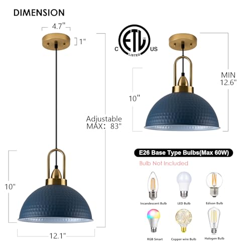 Blue Pendant Lights Kitchen Island Industrial Adjustable Height Vintage Dome Hanging Light Fixtures for Barn