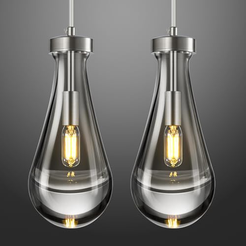 Raindrop Pendant Lights Kitchen Island Teardrop Nickel Hanging Light Fixtures Clear Solid Glass Pendant Light Modern Chandeliers for Dining Room Porch Corridor Living Room (2 Count)