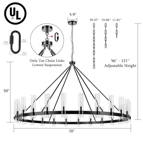 70 Inch Black Wagon Wheel Chandelier with Glass Shade