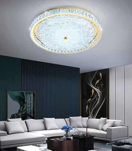 24" Modern Crystal Chandelier Dimmable LED Flush Mount Ceiling Light with Remote Control for Bedroom Hallway Dining Room Gold
