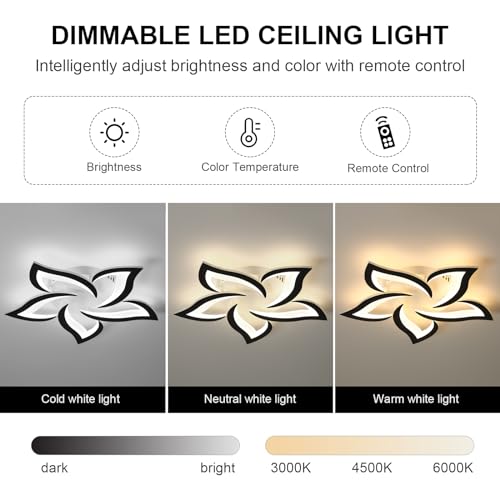 25.6" Flower Shaped Ceiling Light Dimmable Modern Ceiling Lamp Remote Control LED Lighting Fixture for Bedroom Dining Room Kitchen